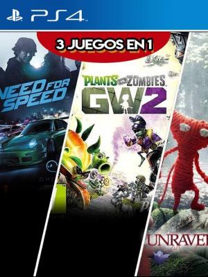 3 JUEGOS EN 1 Need for Speed mas Plants vs Zombies Garden Warfare 2 mas Unravel PS4