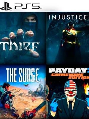 4 juegos en 1 Thief mas Injustice 2 mas The Surge mas PAYDAY 2: CRIMEWAVE EDITION PS5